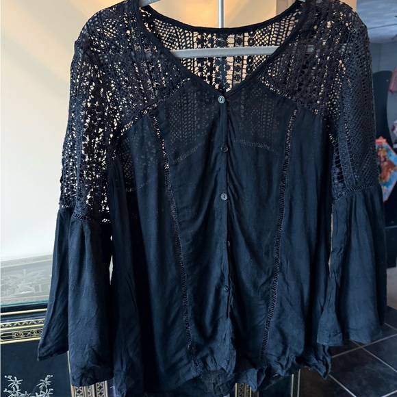Tops - Women's Black Lace Button-Up Top